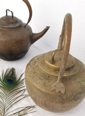 老物件国铜烧水壶民俗怀旧收y藏杂项老东西铜器提梁茶壶道具摆件