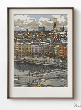 小众复古客厅装饰画怀旧城市建筑线条壁L画走廊书房过道墙画挂画