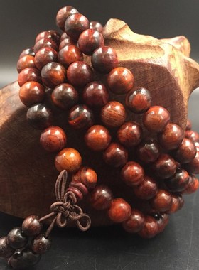 天然原木色老挝红酸枝手链0.6 8mm108颗念珠男女士款红木佛珠手串