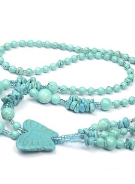 复古绿松石蝴碟项链流苏毛衣链长款民族风配饰衣服挂坠挂件女大气