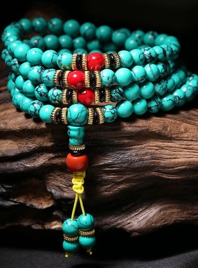 天然保真绿松石108颗手链男女款藏式民族风情侣转运手串送女友