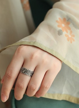 999纯银戒指 汉服配饰古风复古开口戒指古风戒指女小众设计纯银