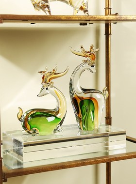 创意琉璃混彩招财麋鹿工艺品摆件客厅酒柜电视柜U家居装饰品摆设