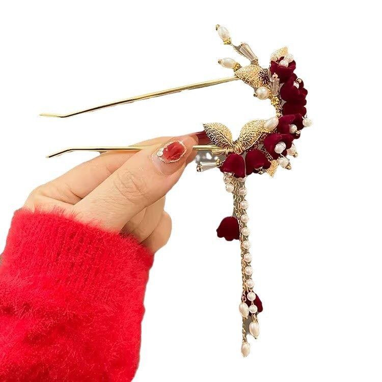 订婚发饰敬酒服头饰马面裙发簪女订婚新娘红色u型发夹新中式旗袍,淘宝优惠券,粉丝福利购,淘宝优惠卷