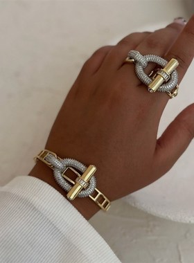 横杆ot戒指金色镶钻重工夸张镶钻缀饰镂空交叉开口手镯高级手环女