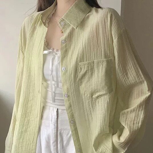 棉锦印象防晒衬衫莱赛尔+锦纶马卡龙色外搭夏季长袖半透褶皱衬衣