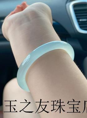 精选冰种天青冻玉髓手镯女细款少女圆条叮当镯青白玉镯子送礼品