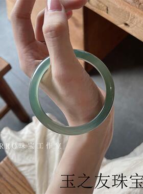 缅甸老坑翡翠色冰种玛瑙玉镯远山黛薄荷绿油青绿玛瑙新中式国风款