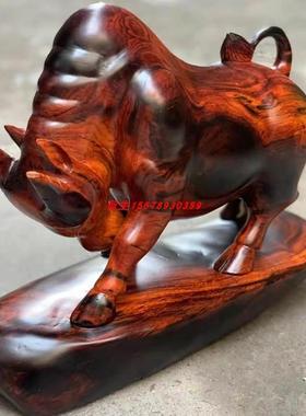 老挝大红酸枝木雕斗牛文玩把件牛气冲天实木原木雕刻客厅装饰摆件
