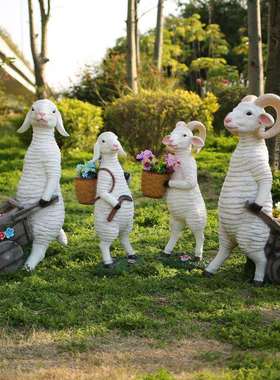 玻璃钢卡通绵羊花盆雕塑户外花园动物摆件幼儿园庭院园林景观装饰