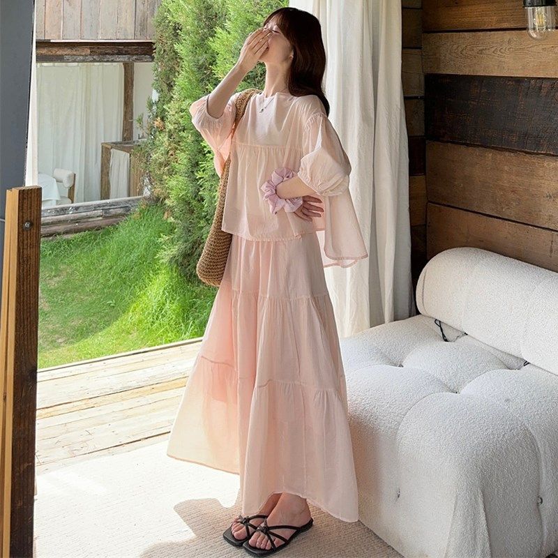 大码女装2025夏季新款胖mm轻盈感粉色防晒娃娃衫+大摆半身裙套装,淘宝优惠券,粉丝福利购,淘宝优惠卷