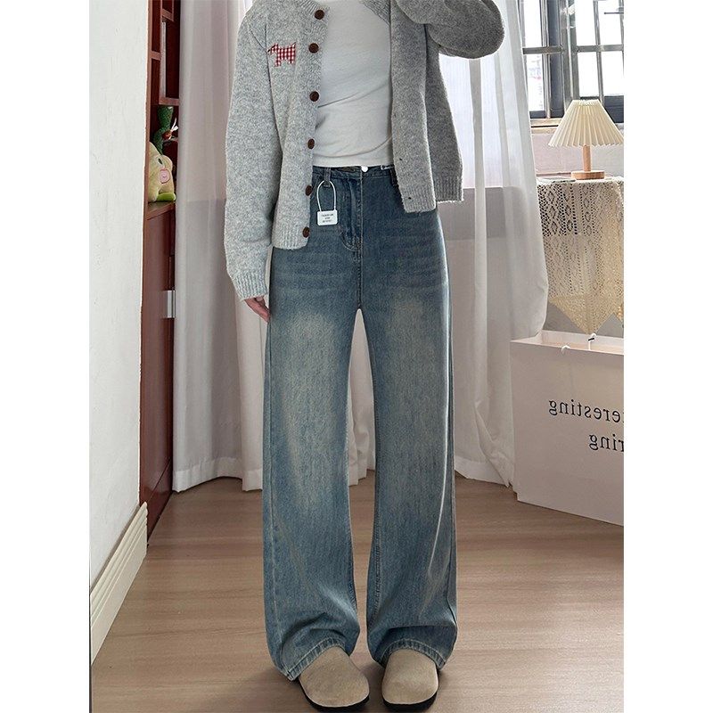 梨形身材窄版直筒牛仔裤女秋冬新款胖妹妹mm高腰宽松显瘦阔腿长裤,淘宝优惠券,粉丝福利购,淘宝优惠卷