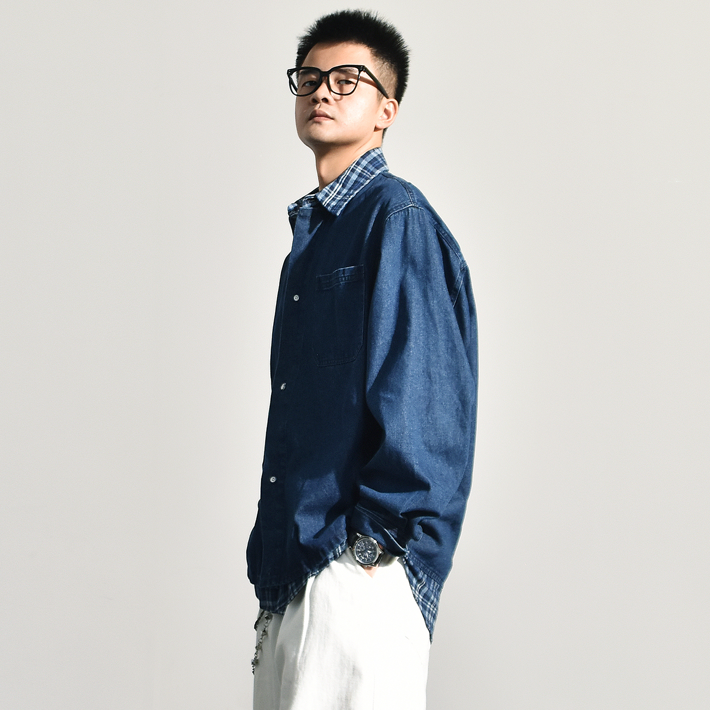 深蓝色假两件牛仔衬衫长袖美式复古宽松BF男生衬衣初秋日系外套潮 - 图0