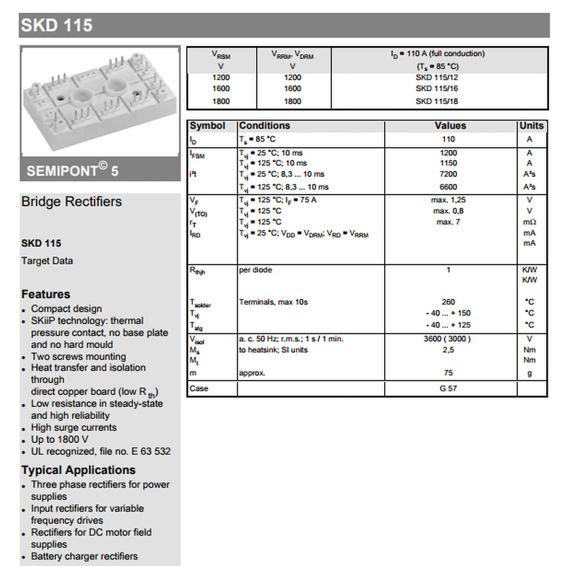 SKD115/16 SKD1146/16-L100 SKD145/16 SKD115/12 桥式整流器 - 图0