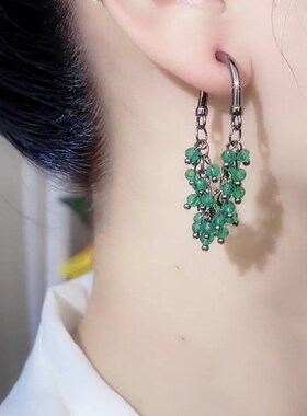 时尚前后戴绿水晶串珠耳环女2023新款高级感气质百搭秋冬轻奢耳饰