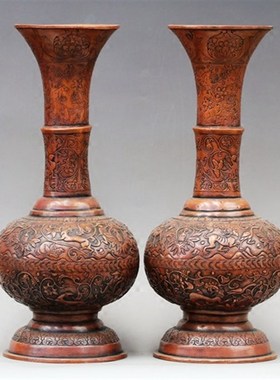 纯铜花瓶摆件大号仿古铜花瓶一对家居装Q饰工艺品摆设佛前