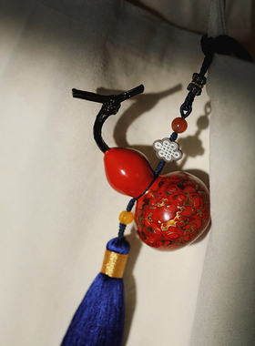 大漆葫芦朱砂红福禄吊坠中国风手工漆D器车挂坠红木包挂件挂饰094