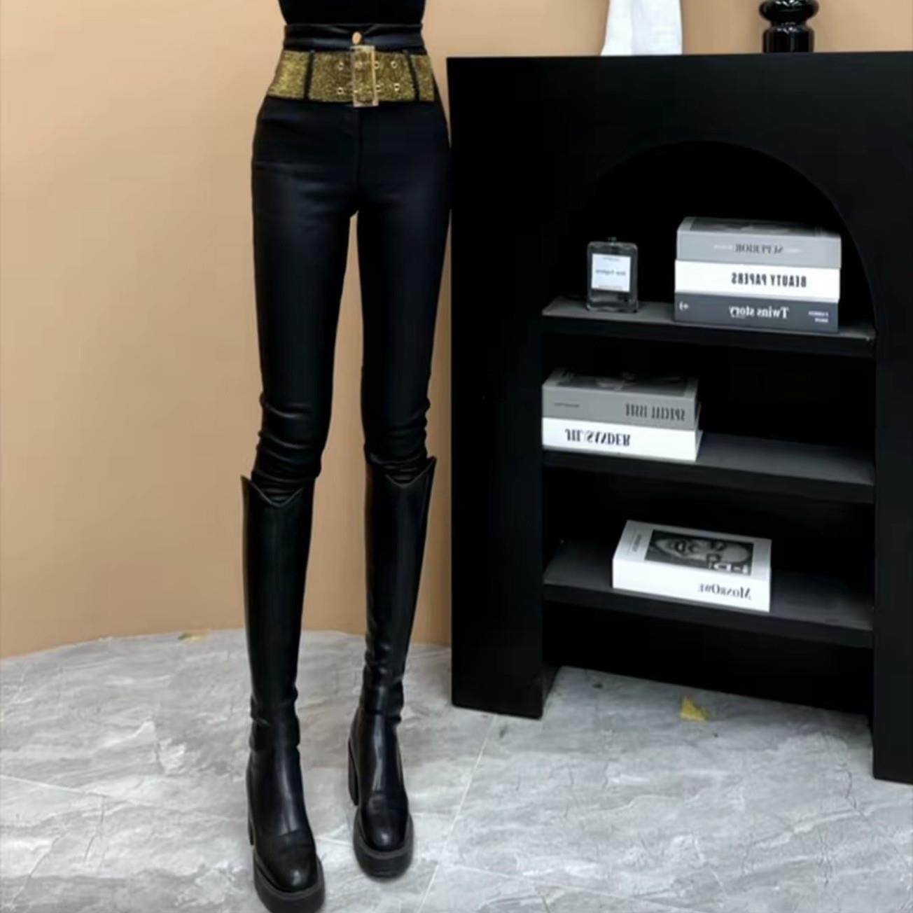 高级感亮钻腰带黑色加绒小脚裤皮裤女冬季新款高腰百搭显瘦铅笔裤,淘宝优惠券,粉丝福利购,淘宝优惠卷