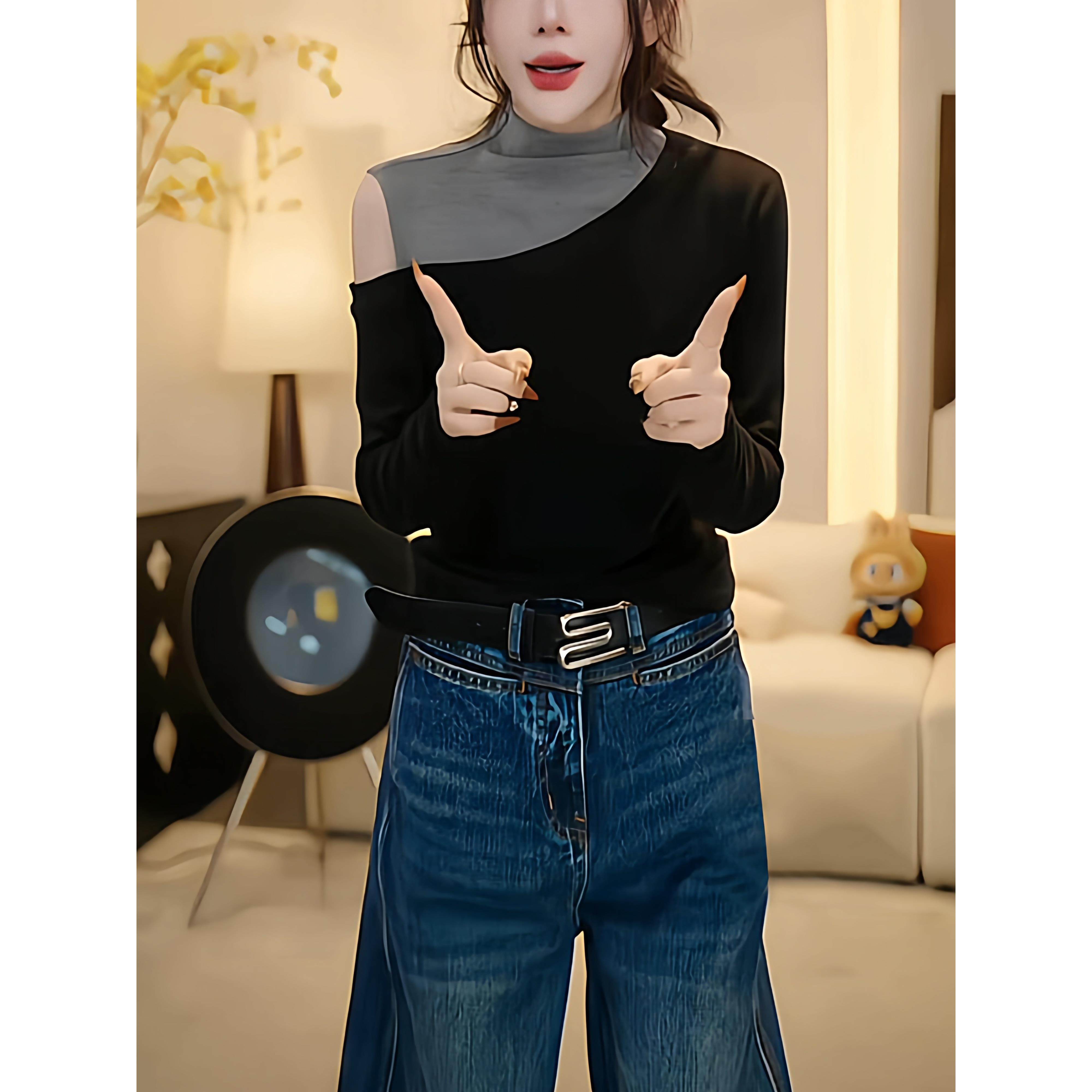 撞色拼接半高领长袖t恤打底衫女秋冬新款显瘦内搭露肩假两件上衣,淘宝优惠券,粉丝福利购,淘宝优惠卷