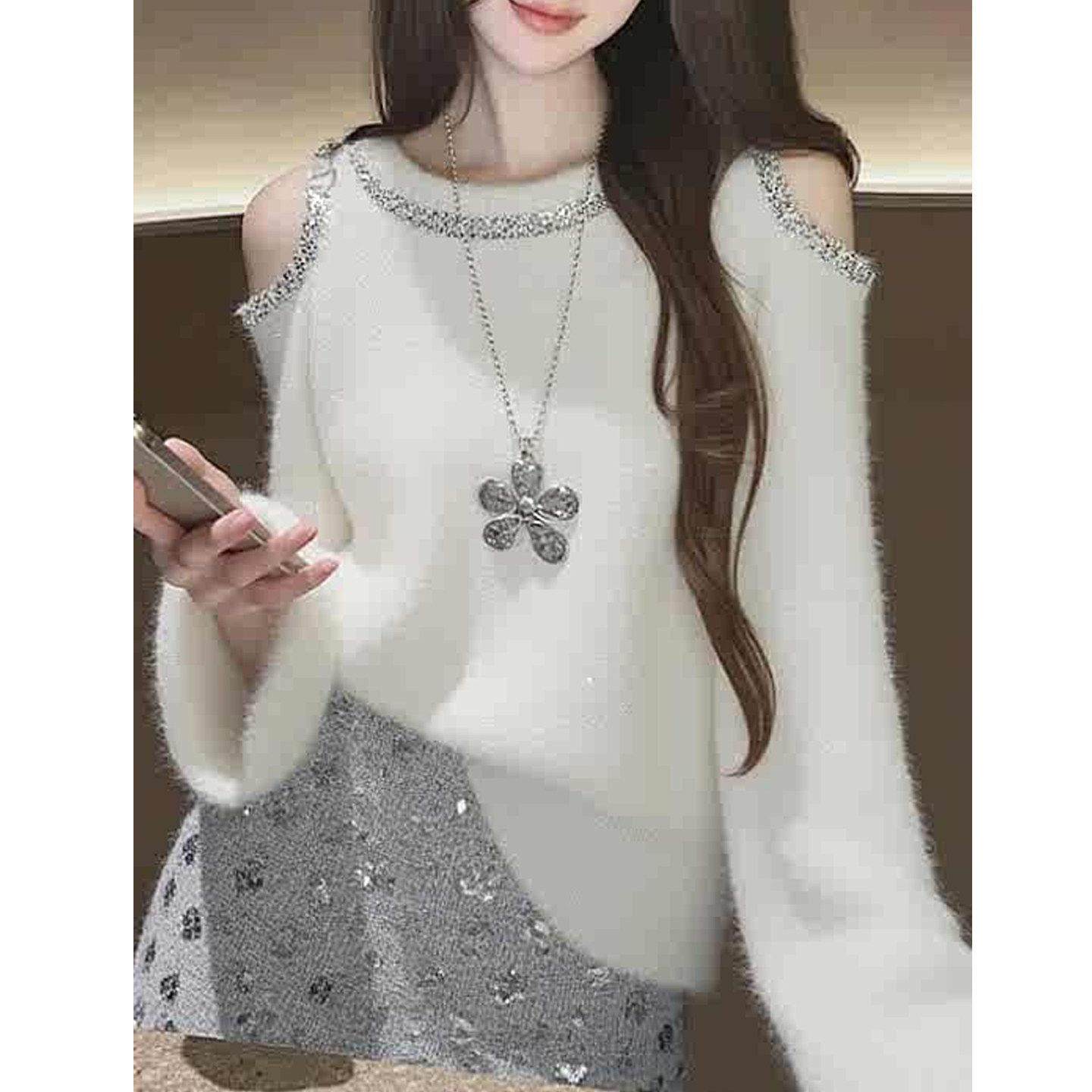 高级感绝美白色重工镶钻露肩长袖毛衣针织衫女春季款百搭宽松上衣,淘宝优惠券,粉丝福利购,淘宝优惠卷