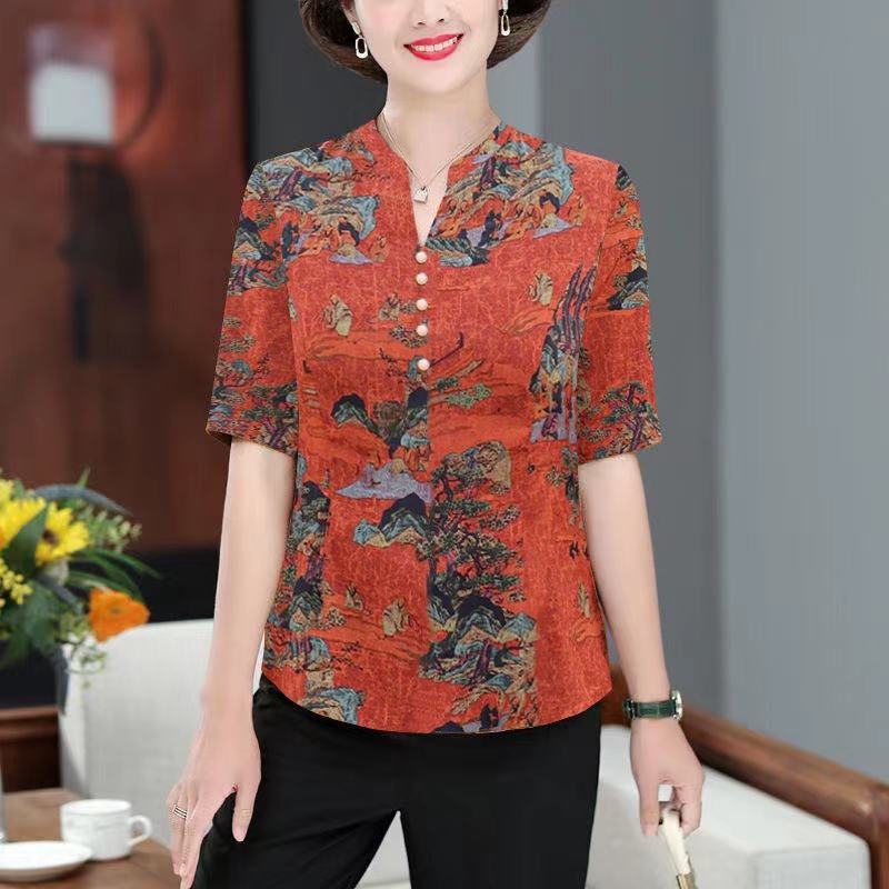 中老年妈妈2024新款短袖T恤女夏季印花百搭气质妈妈装宽松长袖女,淘宝优惠券,粉丝福利购,淘宝优惠卷