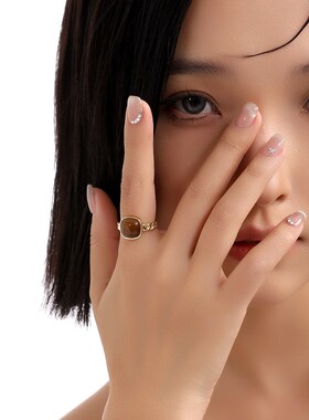 虎眼石金色开口可调节戒指女小众设计轻奢高M级感秋冬食指装饰饰