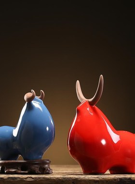 创意陶瓷个性可爱五福牛摆件博A古架办公书房茶室桌面装饰工艺品