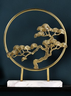 新中式样板d间屏风摆件轻奢纯铜迎客松全铜喜上眉梢玄关禅意软装