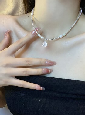 夏季爱心珍珠碎银子项链女轻奢小众锁骨链P女设计感颈链配饰品