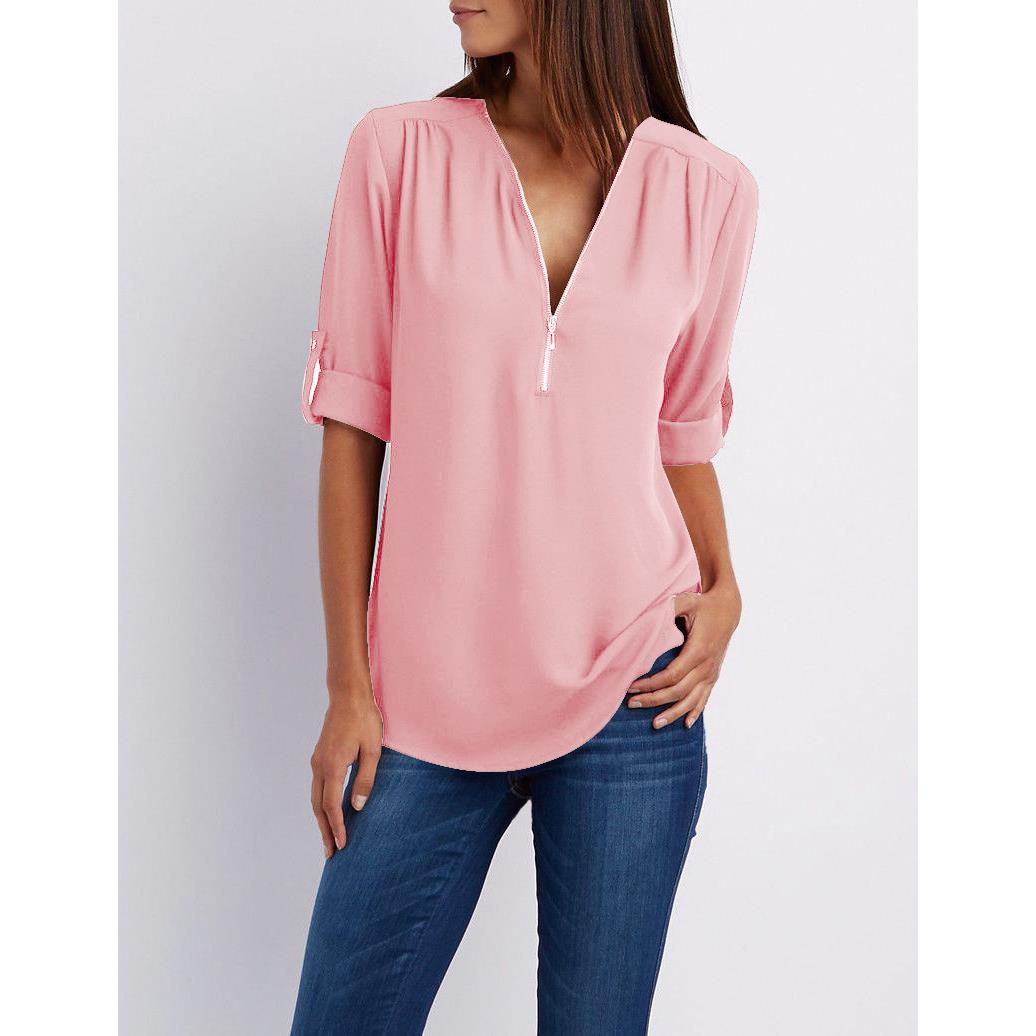 T恤V neck blouse tops women shirt ladies loose chiffon shirt - 图1