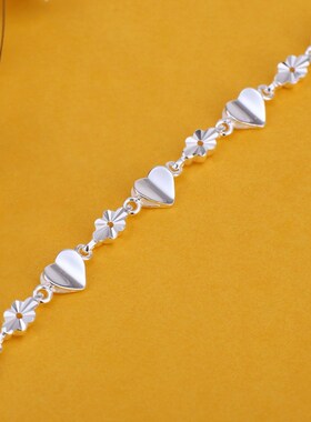 正品990手链女纯银韩版简约个性潮森系闺蜜女士爱心手链七夕礼物