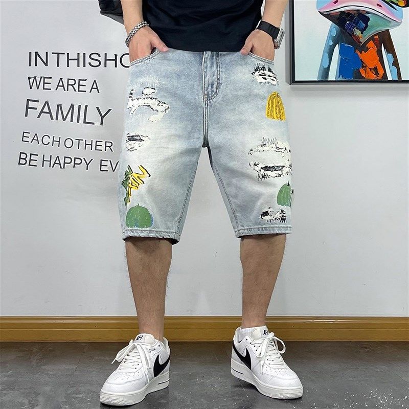 潮牌宽松直筒牛仔五分裤男个性南瓜印花青年潮流中裤夏季短裤男士 - 图2