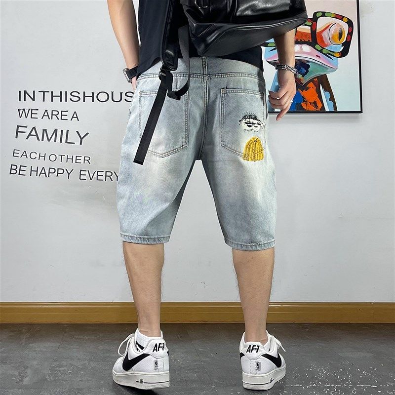 潮牌宽松直筒牛仔五分裤男个性南瓜印花青年潮流中裤夏季短裤男士 - 图1