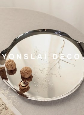 简约现代银色圆形不锈钢托盘摆件椭圆镜面金属样板间梳妆台收纳盘