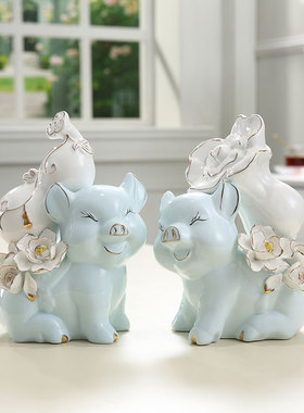轻奢陶瓷猪一对招财猪发财瓷器小猪家里客厅酒柜家居装饰品小摆件