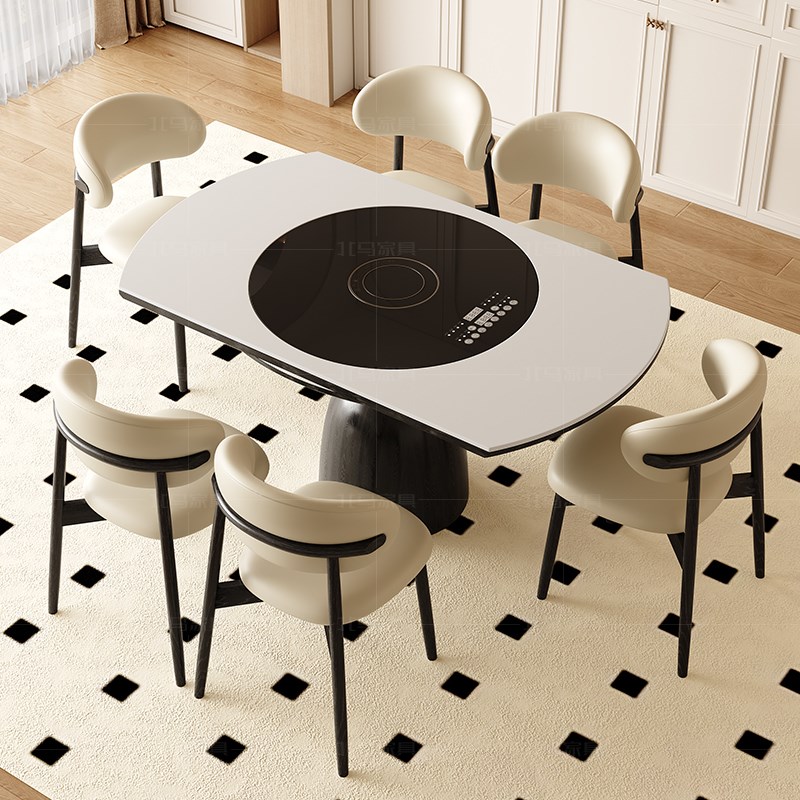 北美白蜡木中古风实木餐桌多功能可伸缩圆桌带内嵌电磁炉暖菜转盘 - 图1