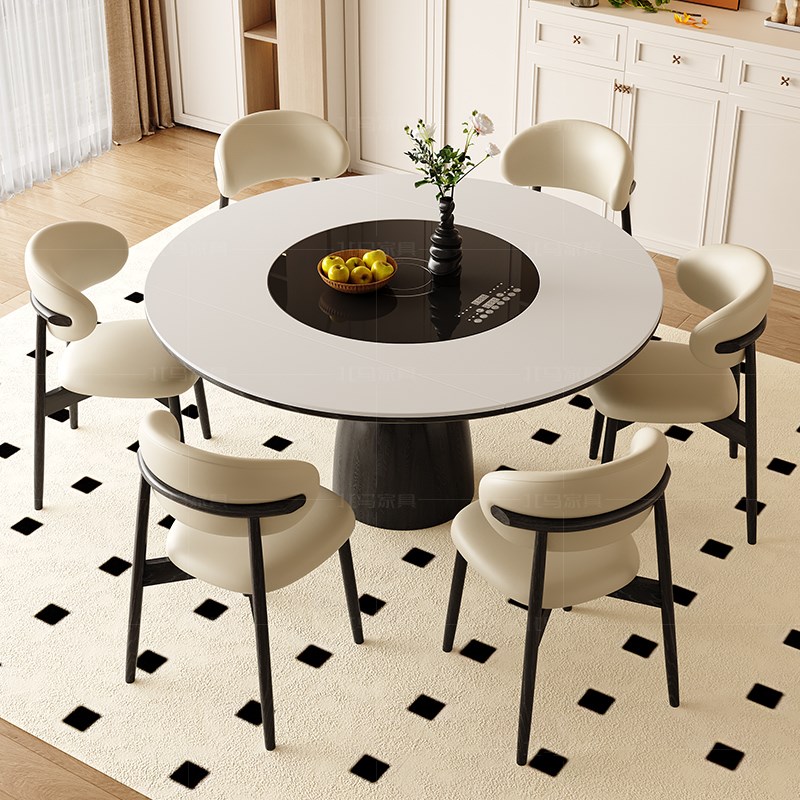 北美白蜡木中古风实木餐桌多功能可伸缩圆桌带内嵌电磁炉暖菜转盘 - 图0