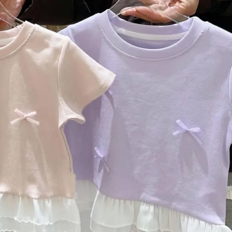 女童宝宝纯棉短袖t恤新款夏季女孩洋气蕾丝蝴蝶结弹力圆领上衣服,淘宝优惠券,粉丝福利购,淘宝优惠卷