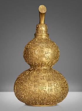 高档大小号纯黄铜葫芦金色百福葫芦空心福字有叶开盖家居客厅装饰