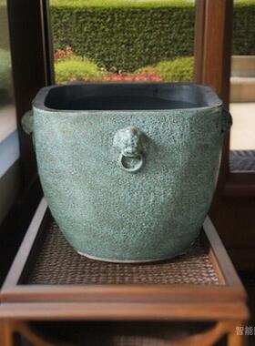复古陶瓷仿古缸大花盆鱼缸落地摆件庭院园林粗陶手工泡泡釉狮头缸
