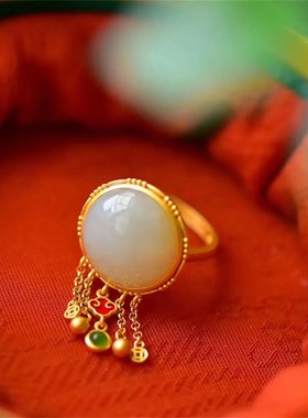天然白玉戒指小众设计复古民族风流苏圆形蛋面开口戒女婉约气质