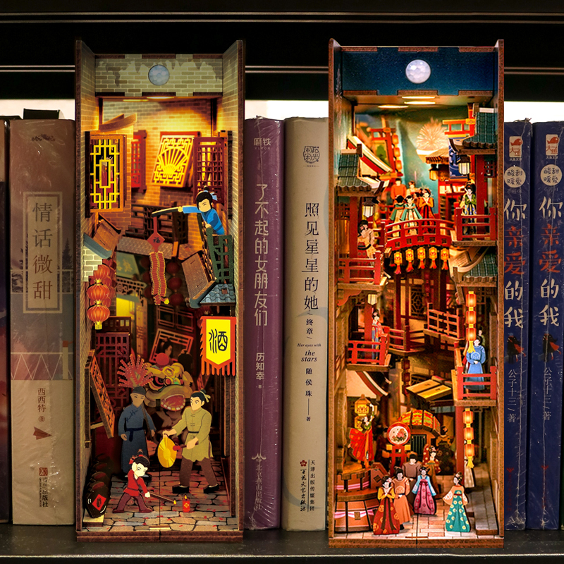 盛唐夜宴拼装感应书立手工diy小屋房3D立体古风积木拼图模型摆件 - 图2