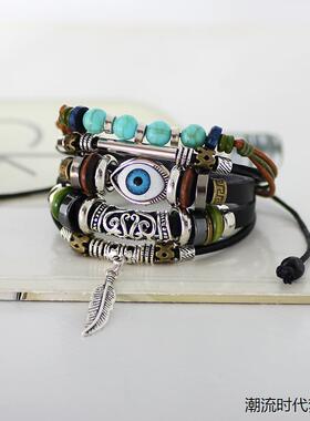 恶魔之眼串珠牛皮手链民