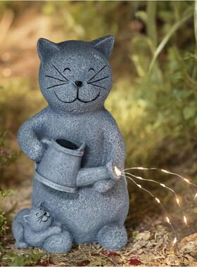 爆款母子猫浇水庭院摆件太阳能灯户外花园别墅树脂工艺品园林动物