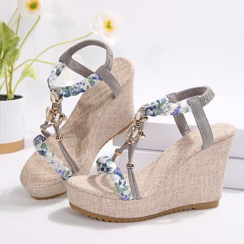 2026 shoes women流行夏季新款坡跟女鞋拼色面料编制露趾缕空休闲 - 图3