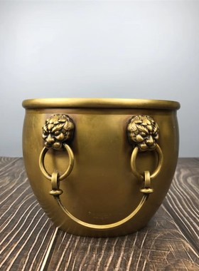 实心纯铜聚宝盆摆件客厅狮头皇宫招财缸按比例仿S制办公室桌面元