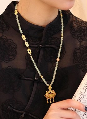 天然石沙金项链女不掉色秋冬平安锁毛衣链长款轻奢U小众高级感饰