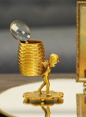 美式复古天使背篓黄铜收纳摆件 小刀G叉收纳棉签牙签收纳轻奢装饰