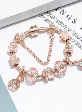 春天风格玫瑰金手链女潘家风y格粉色玻璃珠蝴蝶串珠儿童手链饰品