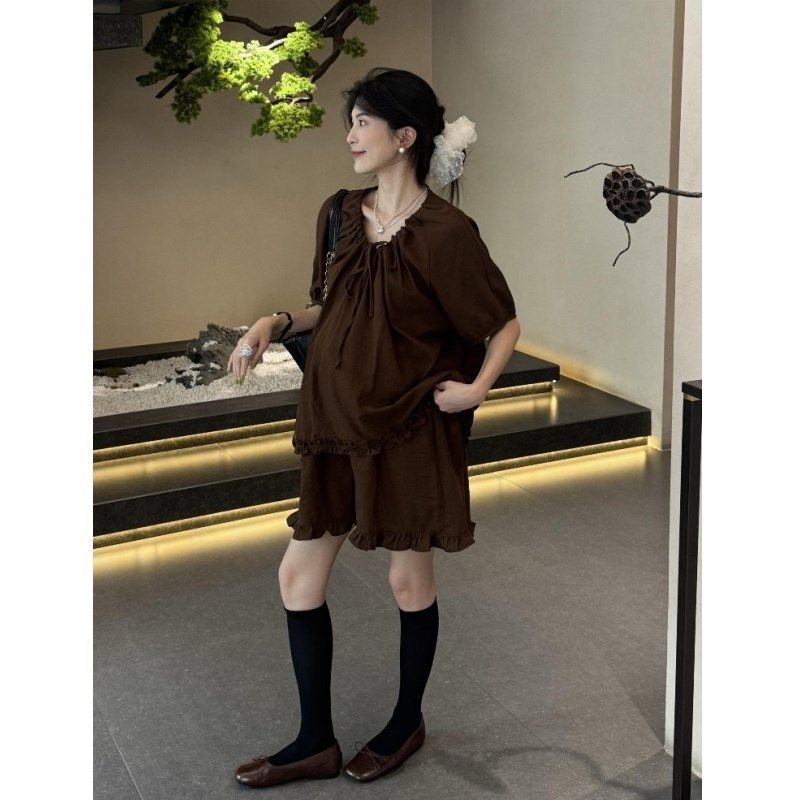 时尚孕妇装夏季新款短袖纯色宽松V领上衣休闲洋气2025短裤两件套,淘宝优惠券,粉丝福利购,淘宝优惠卷